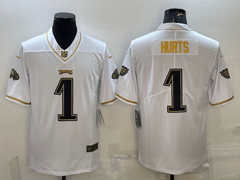 Men Philadelphia Eagles #1 Hurts White Retro Gold Lettering 2022 Nike NFL Jersey->houston astros->MLB Jersey